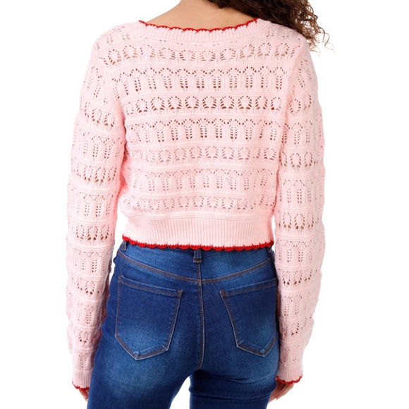 Altar’d State - Tie-Front Crochet Sweater Cardigan in Pink/Red (NWT) - Size : S - Picture 2 of 6